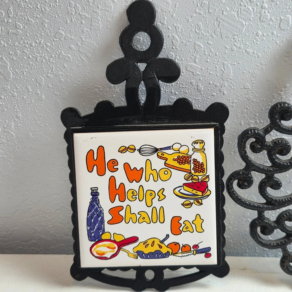 Vintage Cast Iron Trivets 'He Who Helps Shall Eat' Ceramic Tile‎ & Scroll Pair